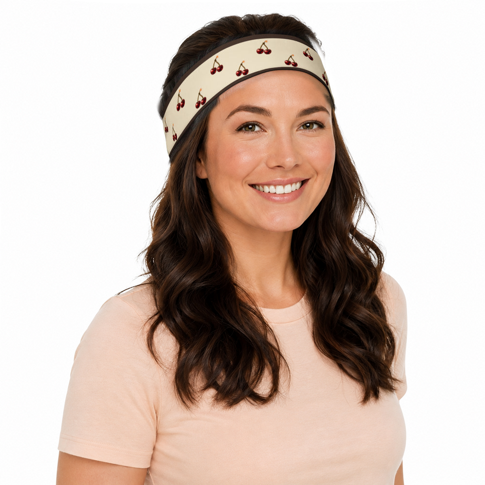Slop Cannon Cherry Fuse Repeat Headband — Ivory / espresso — CW-F06 adult woman model view; exact configured straight headband and repeat artwork; digital model composite; headband only, outfit excluded.