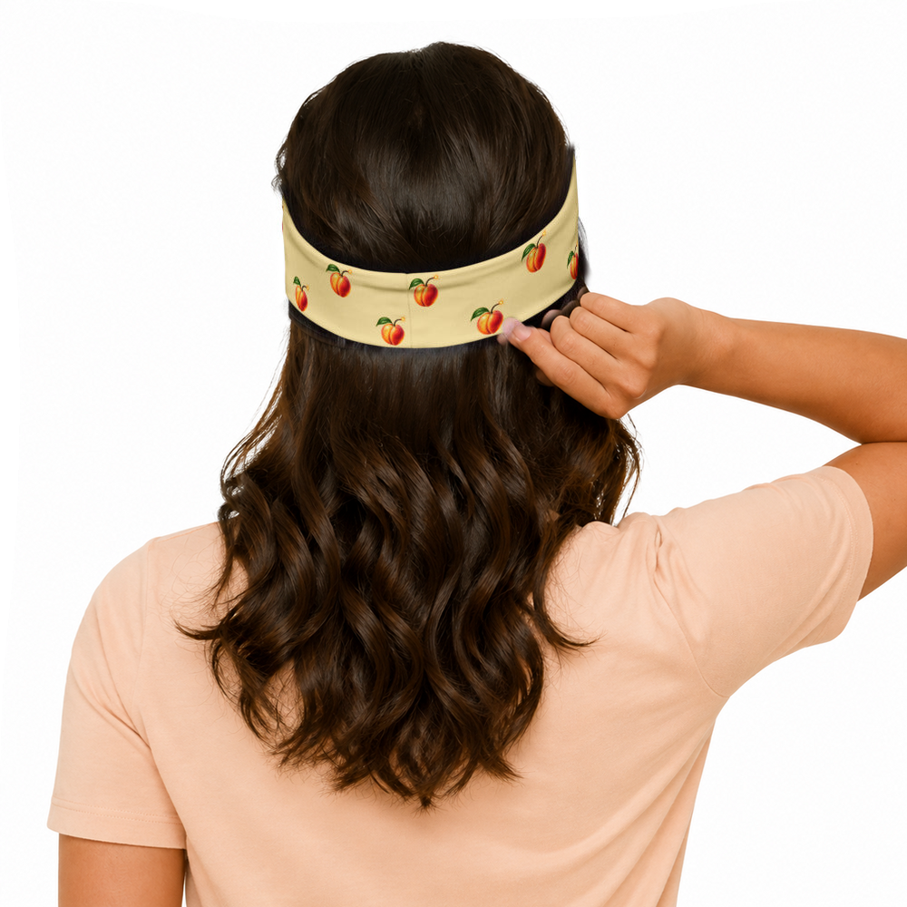Slop Cannon Hot Piece Headband — Butter — model-worn rear view; headband only; clothing excluded; printed straight polyester/elastane band; digital model composite with exact supplier headband; not a manufactured-sample photograph.