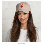Slop Cannon Heart Fuse Dad Cap — Stone — adult woman CW-F22 wearing the exact configured cap in a model-worn front view; digital catalogue composite; cap only; outfit excluded.