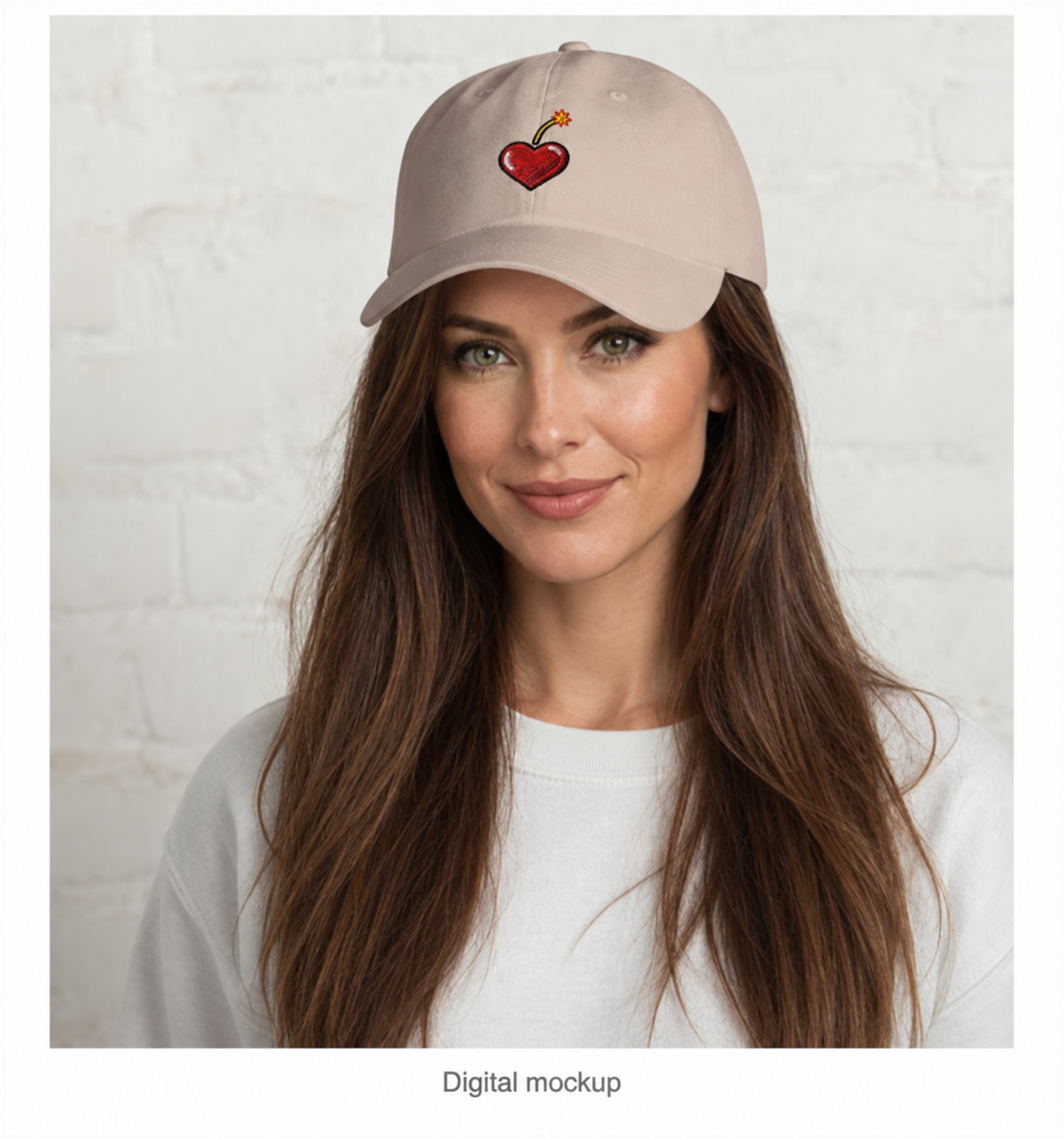 Slop Cannon Heart Fuse Dad Cap — Stone — adult woman CW-F22 wearing the exact configured cap in a model-worn front view; digital catalogue composite; cap only; outfit excluded.