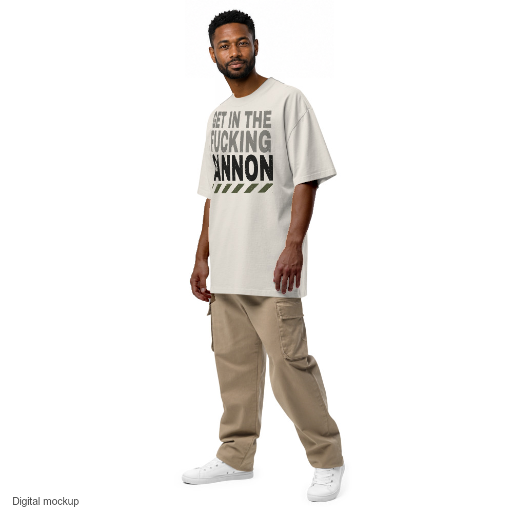 Heavy Block tee — Cream — adult model three-quarter view with exact configured artwork; tee only, styling bottoms excluded; AS Colour 5082 faded tee; digital model composite, not a manufactured sample.