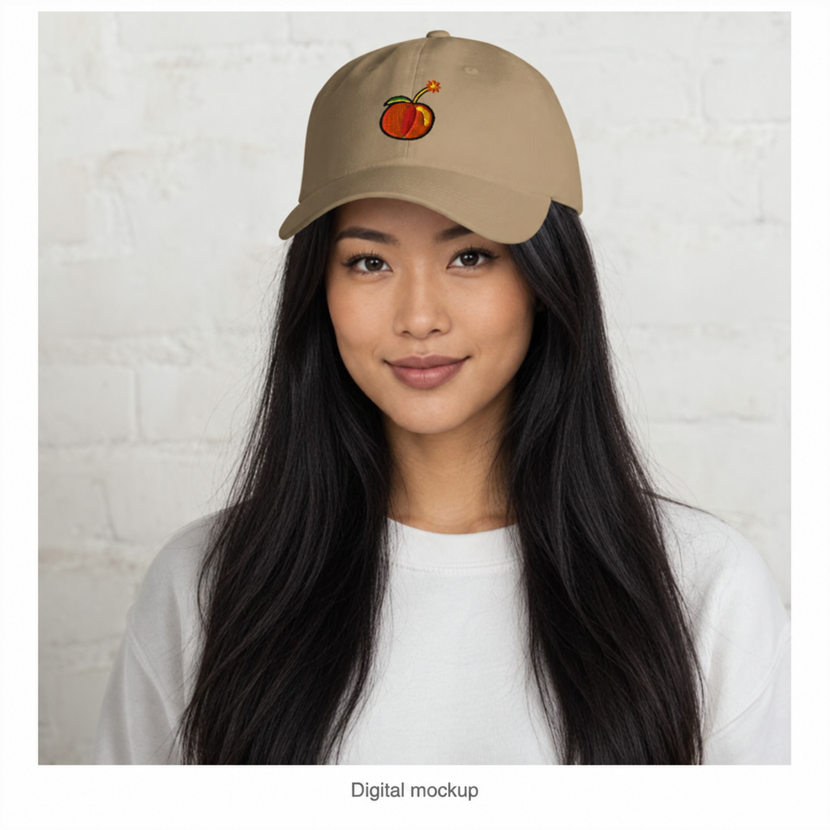 Slop Cannon Hot Piece Dad Cap — Khaki — adult woman EA-F01 wearing the exact configured cap in a model-worn front view; digital catalogue composite; cap only; outfit excluded.