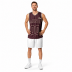 Cannon Boyz Pinstripe Jersey — Burgundy / Bone — front adult model view; exact supplier jersey composited onto a digital model; jersey only, shorts and basketball excluded; digital mockup, not a manufactured sample.