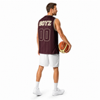Cannon Boyz Pinstripe Jersey — Burgundy / Bone — rear three-quarter adult model view; exact supplier jersey composited onto a digital model; jersey only, shorts and basketball excluded; digital mockup, not a manufactured sample.