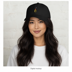 Slop Cannon Loaded Dad Cap — Black — adult woman EA-F03 wearing the exact configured cap in a model-worn front view; digital catalogue composite; cap only; outfit excluded.