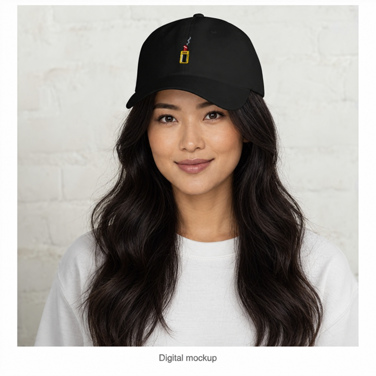 Slop Cannon Loaded Dad Cap — Black — adult woman EA-F03 wearing the exact configured cap in a model-worn front view; digital catalogue composite; cap only; outfit excluded.