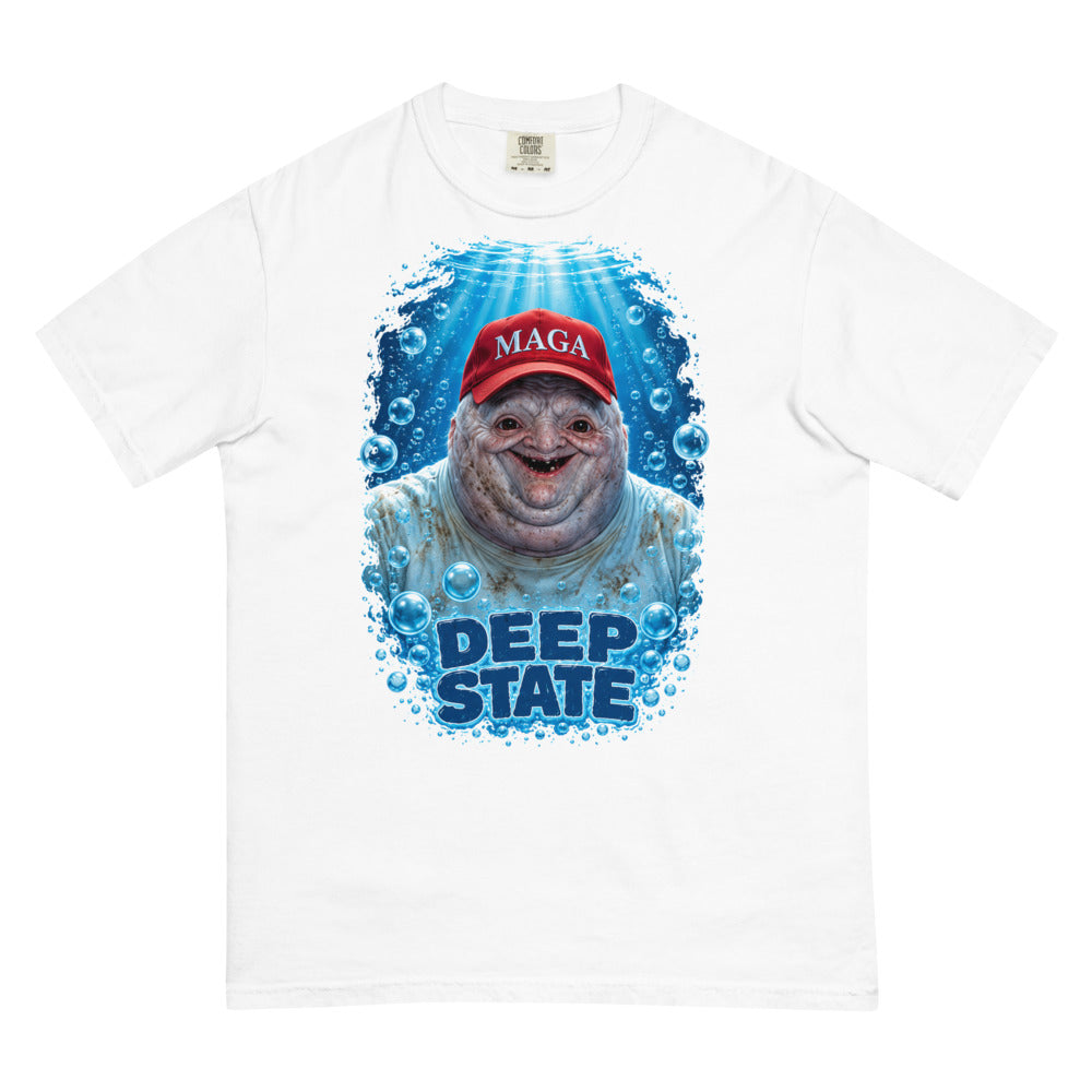 MAGAtard Deep State Tee in White — Printful digital front mockup showing final approved large front artwork.