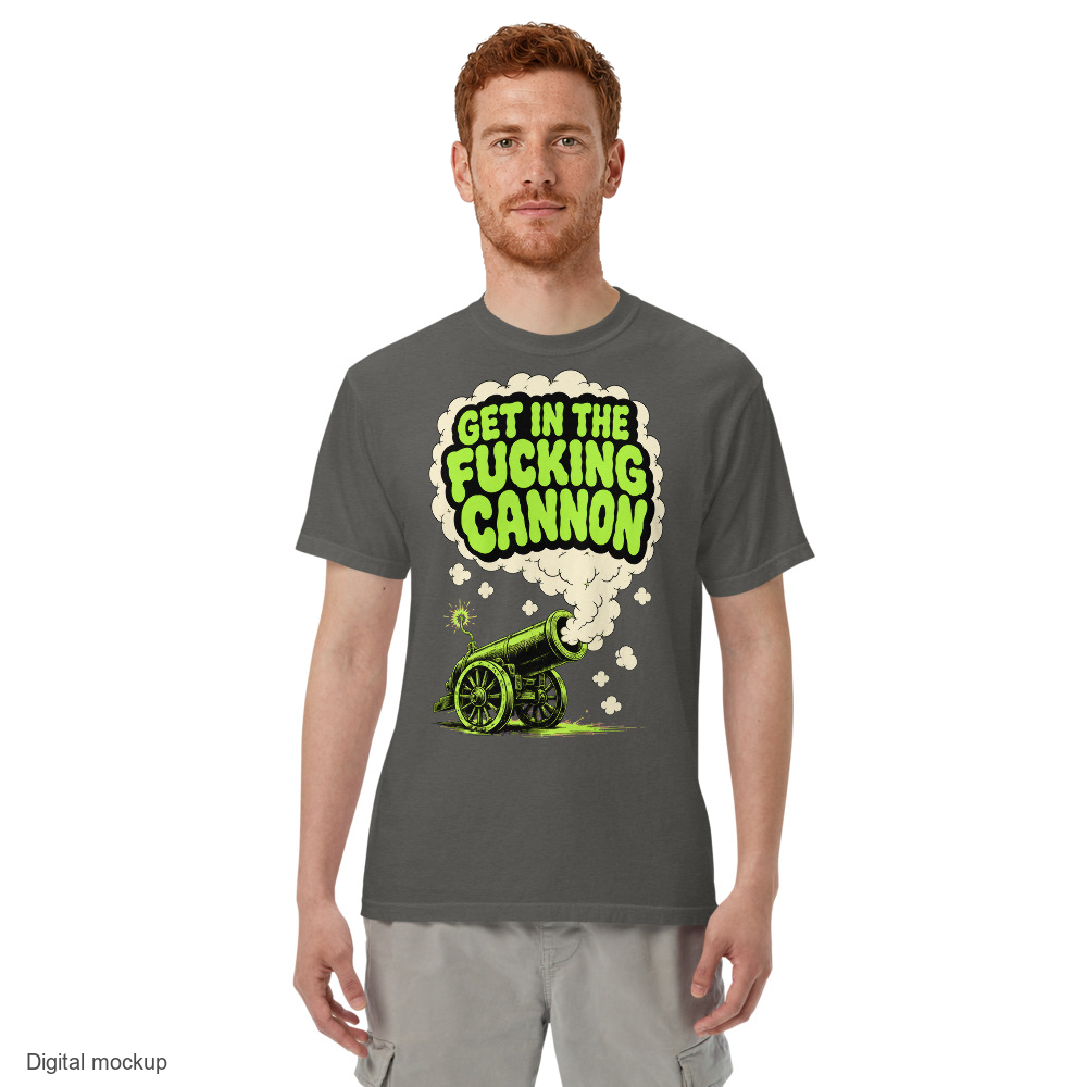 Smoke Signal tee — Charcoal — adult model front view with exact configured artwork; tee only, styling bottoms excluded; Comfort Colors 1717; digital model composite, not a manufactured sample.