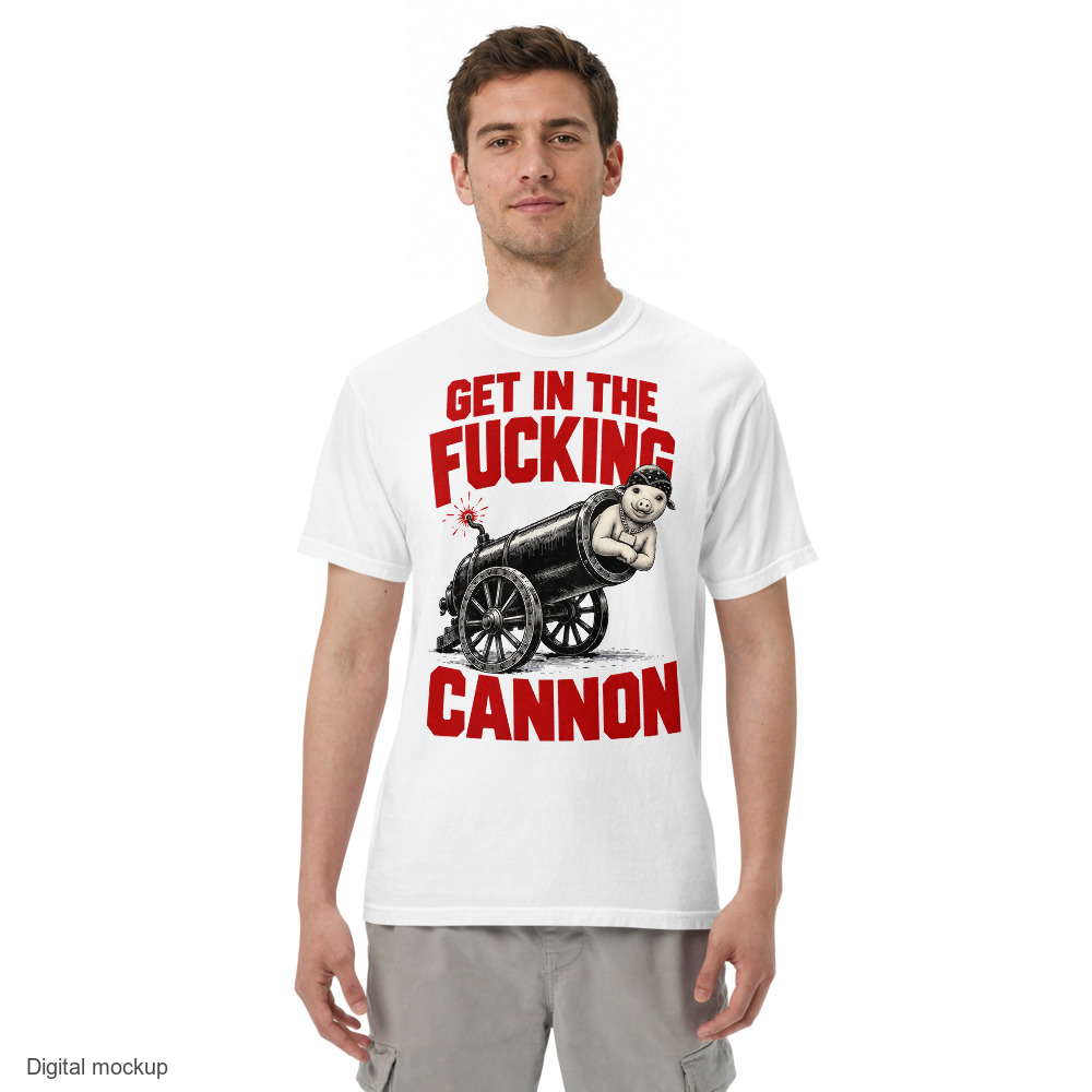 Cannon Boy Barrel tee — White — adult male model front view holding the barrel graphic; exact configured artwork and provider garment fit; digital mockup, not a manufactured sample; styling jeans excluded.