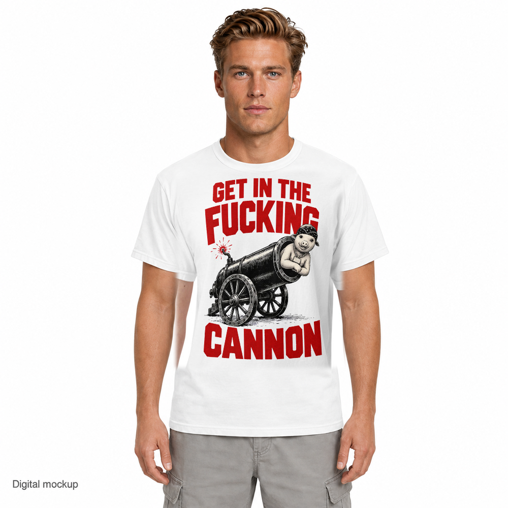 Cannon Boy Barrel tee — White — adult male model front view holding the barrel graphic; exact configured artwork and provider garment fit; digital mockup, not a manufactured sample; styling jeans excluded.