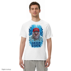MAGAtard Deep State tee — White — adult male model front view; exact configured artwork and Comfort Colors 1717 garment fit; digital mockup, not a manufactured sample; styling trousers excluded.