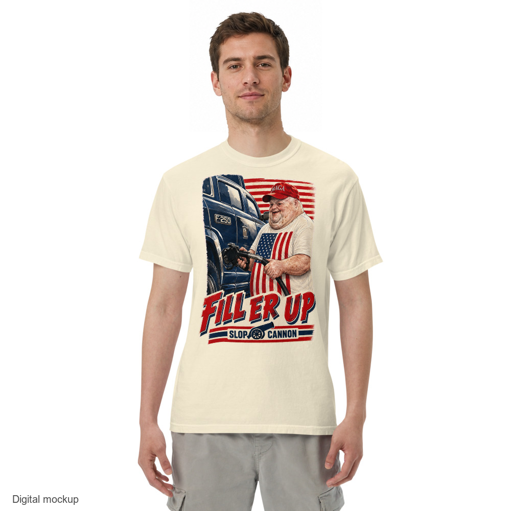 MAGAtard Fill Er Up Tee — Ivory — adult model front view with exact configured artwork; tee only, styling bottoms excluded; Comfort Colors 1717; digital model composite, not a manufactured sample.