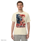 MAGAtard Fill Er Up Tee — Ivory — adult model front view with exact configured artwork; tee only, styling bottoms excluded; Comfort Colors 1717; digital model composite, not a manufactured sample.