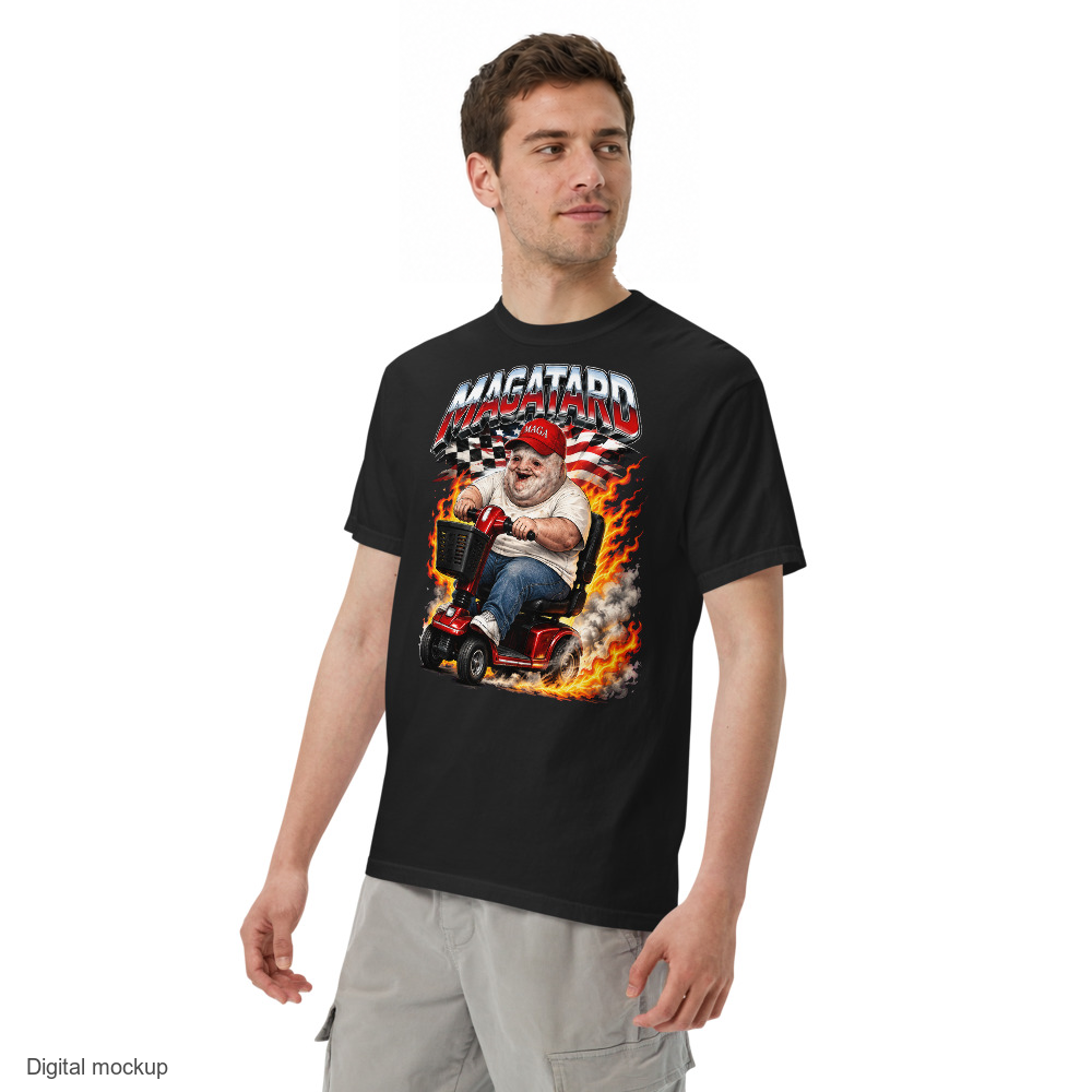 MAGAtard Full Throttle Tee — Black — adult model three-quarter view with exact configured artwork; tee only, styling bottoms excluded; Comfort Colors 1717; digital model composite, not a manufactured sample.