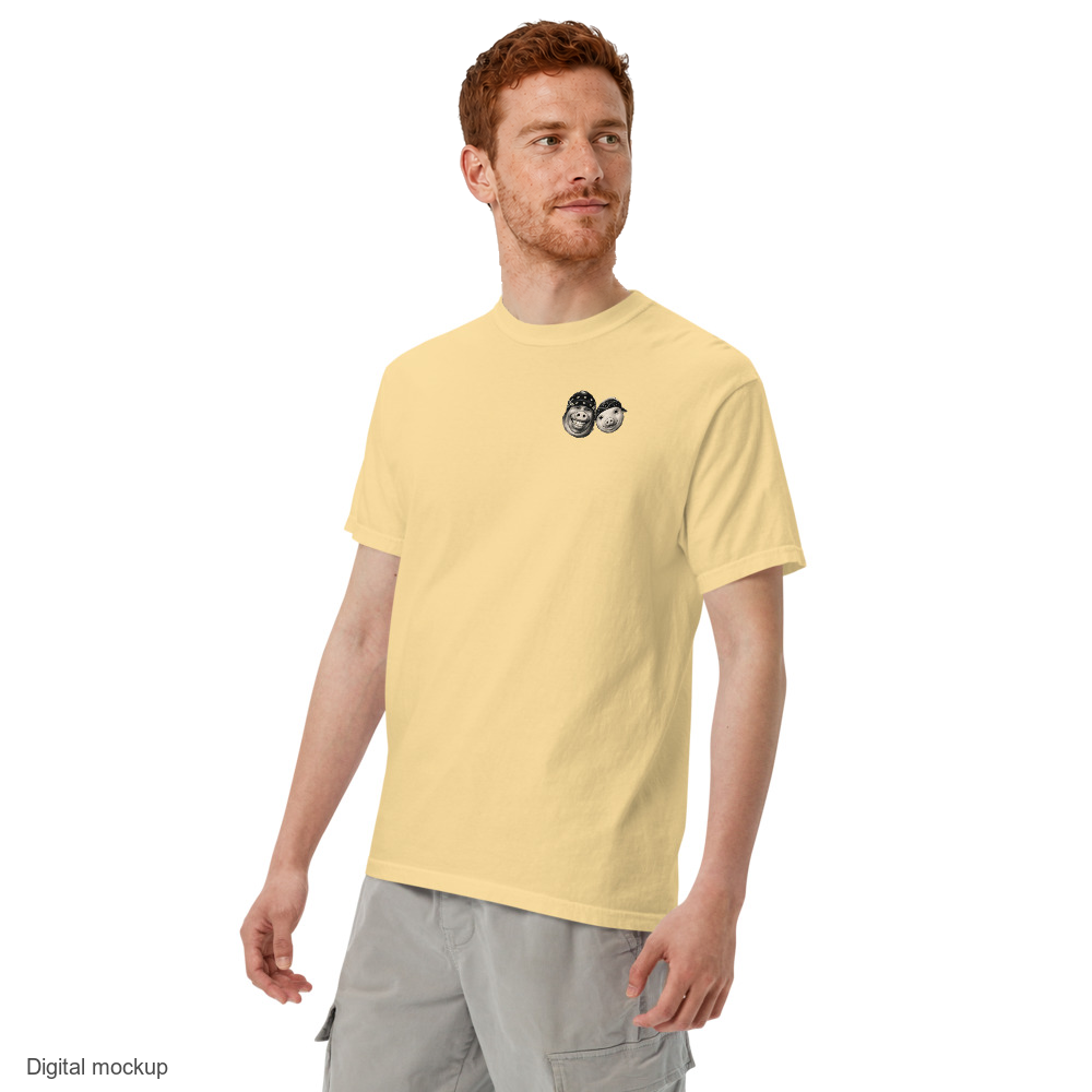Cannon Boys S-Pool Tee - Butter Yellow — Butter Yellow — adult model three-quarter view with exact configured artwork; tee only, styling bottoms excluded; Comfort Colors 1717; digital model composite, not a manufactured sample.