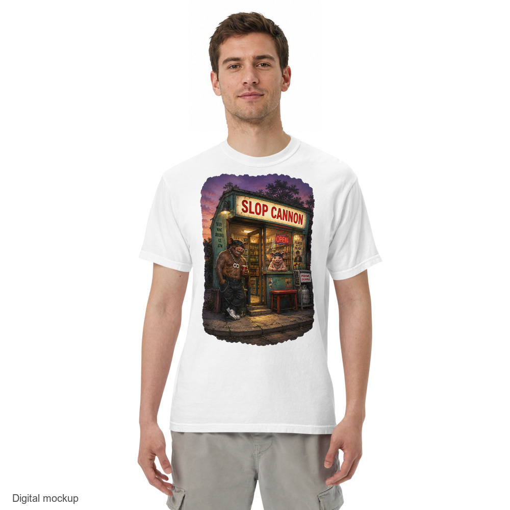 Corner Store Cannon Tee - Dusk — White — adult model front view with exact configured artwork; tee only, styling bottoms excluded; Comfort Colors 1717; digital model composite, not a manufactured sample.