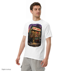 Corner Store Cannon Tee - Dusk — White — adult model three-quarter view with exact configured artwork; tee only, styling bottoms excluded; Comfort Colors 1717; digital model composite, not a manufactured sample.