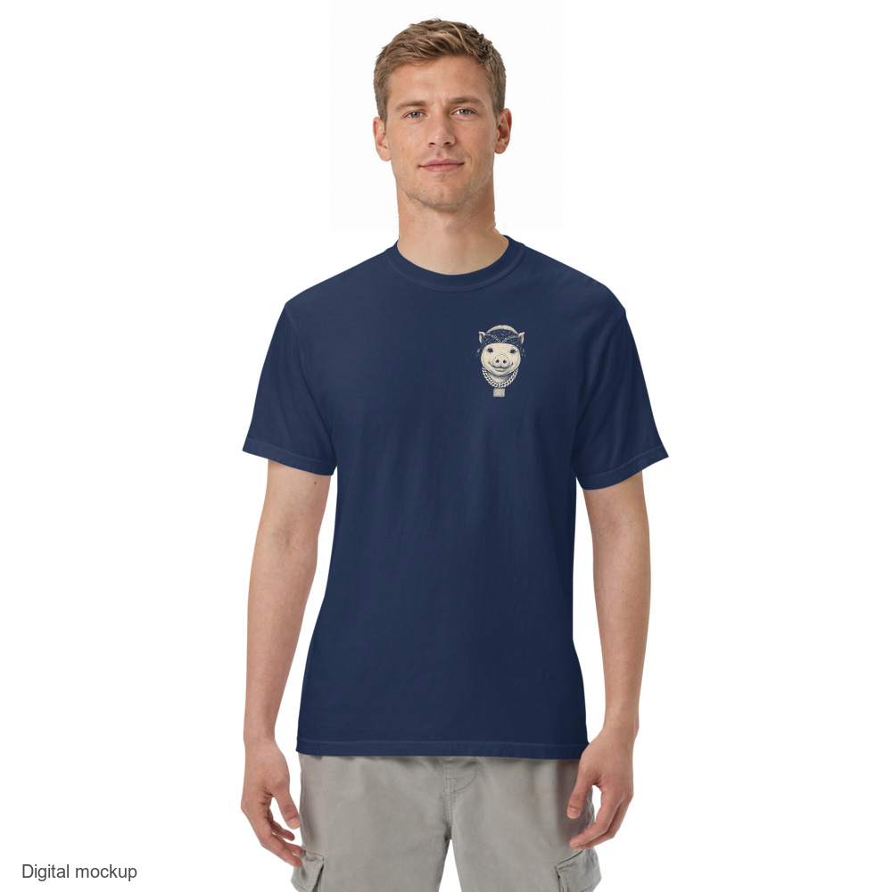 Little Cannon Boy Head Tee - Faded Navy — Faded Navy — adult model front view with exact configured artwork; tee only, styling bottoms excluded; Comfort Colors 1717; digital model composite, not a manufactured sample.