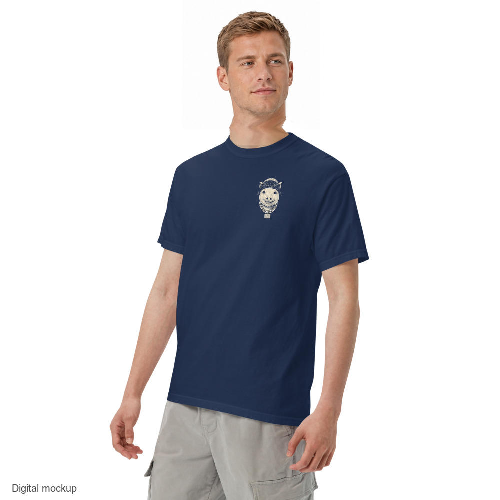 Little Cannon Boy Head Tee - Faded Navy — Faded Navy — adult model three-quarter view with exact configured artwork; tee only, styling bottoms excluded; Comfort Colors 1717; digital model composite, not a manufactured sample.