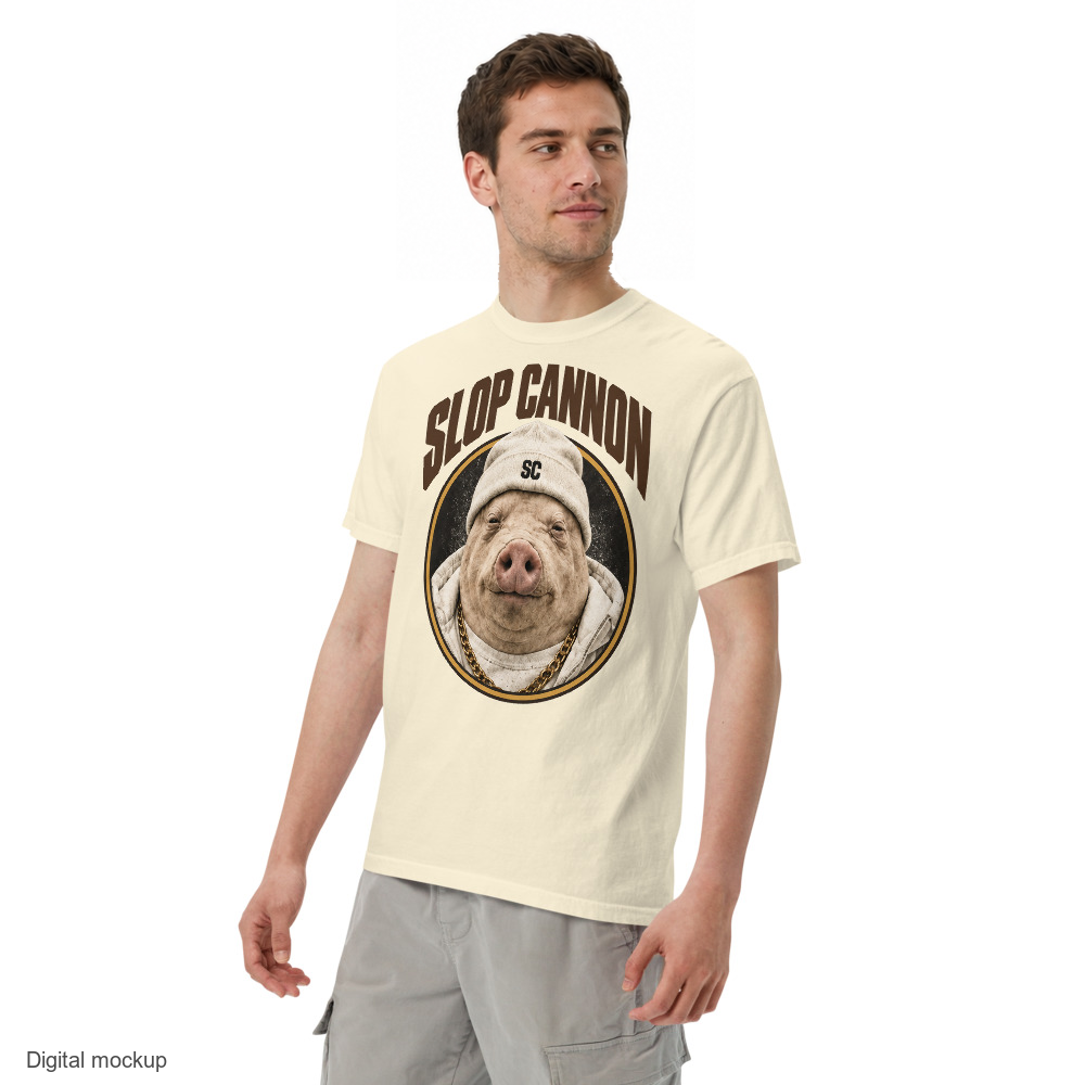 Pig Oval tee — Ivory — adult male model three-quarter view looking aside; exact Comfort Colors 1717 garment and configured artwork; digital mockup, not a manufactured sample; styling shorts excluded.