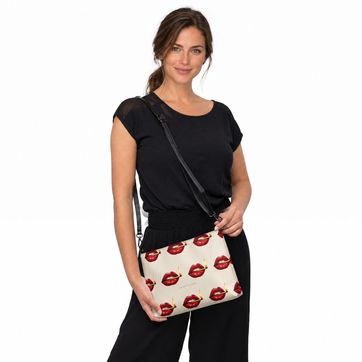 Slop Cannon Play With Fire Crossbody Bag — Cream / black trim — adult woman CW-F05 wearing the exact configured bag in a front lifestyle view; digital catalogue composite; bag and supplied straps only; clothing excluded.