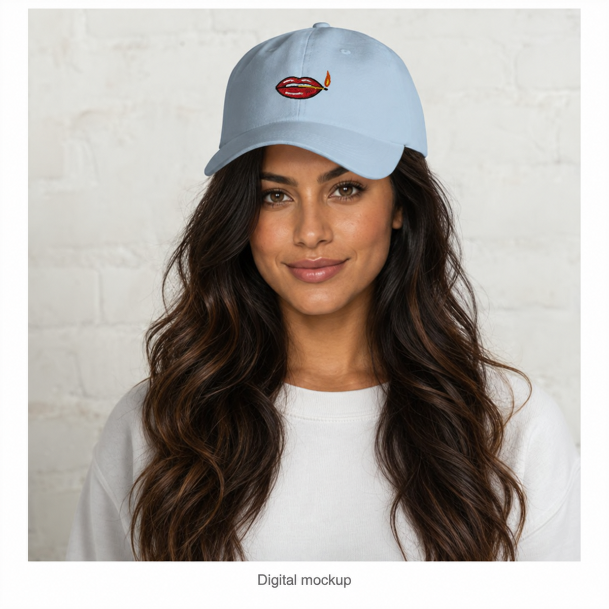 Slop Cannon Play With Fire Dad Cap — Light Blue — adult woman HA-F01 wearing the exact configured cap in a model-worn front view; digital catalogue composite; cap only; outfit excluded.