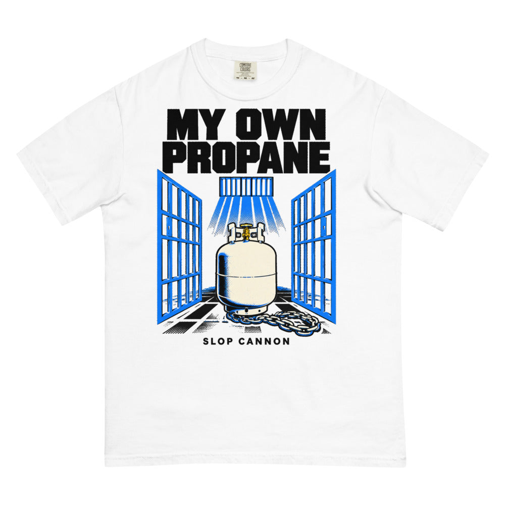 My Own Propane tee — White — full front with approved artwork; Comfort Colors 1717 garment-dyed tee White; supplier digital mockup.