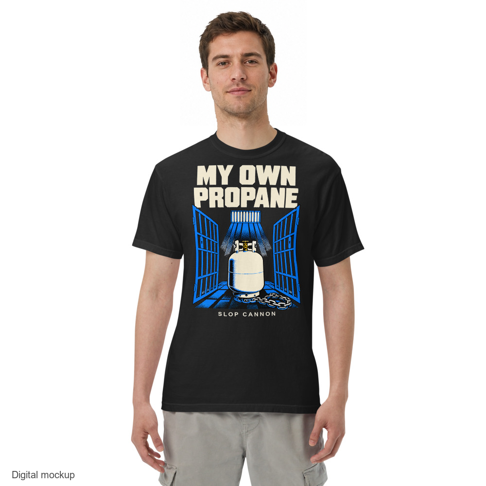 My Own Propane tee — Black — adult male model front view; exact configured front artwork and supplier garment fit; digital mockup, not a manufactured sample; styling trousers excluded.