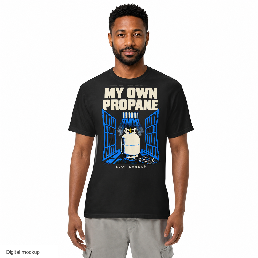 My Own Propane tee — Black — adult male model front view; exact configured front artwork and supplier garment fit; digital mockup, not a manufactured sample; styling trousers excluded.
