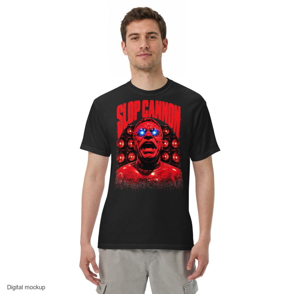 Redline tee — Black — adult model front view; exact configured Comfort Colors 1717 garment and artwork; digital mockup, not a manufactured sample; tee only, styling bottoms excluded.