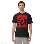 Redline tee — Black — adult model front view; exact configured Comfort Colors 1717 garment and artwork; digital mockup, not a manufactured sample; tee only, styling bottoms excluded.