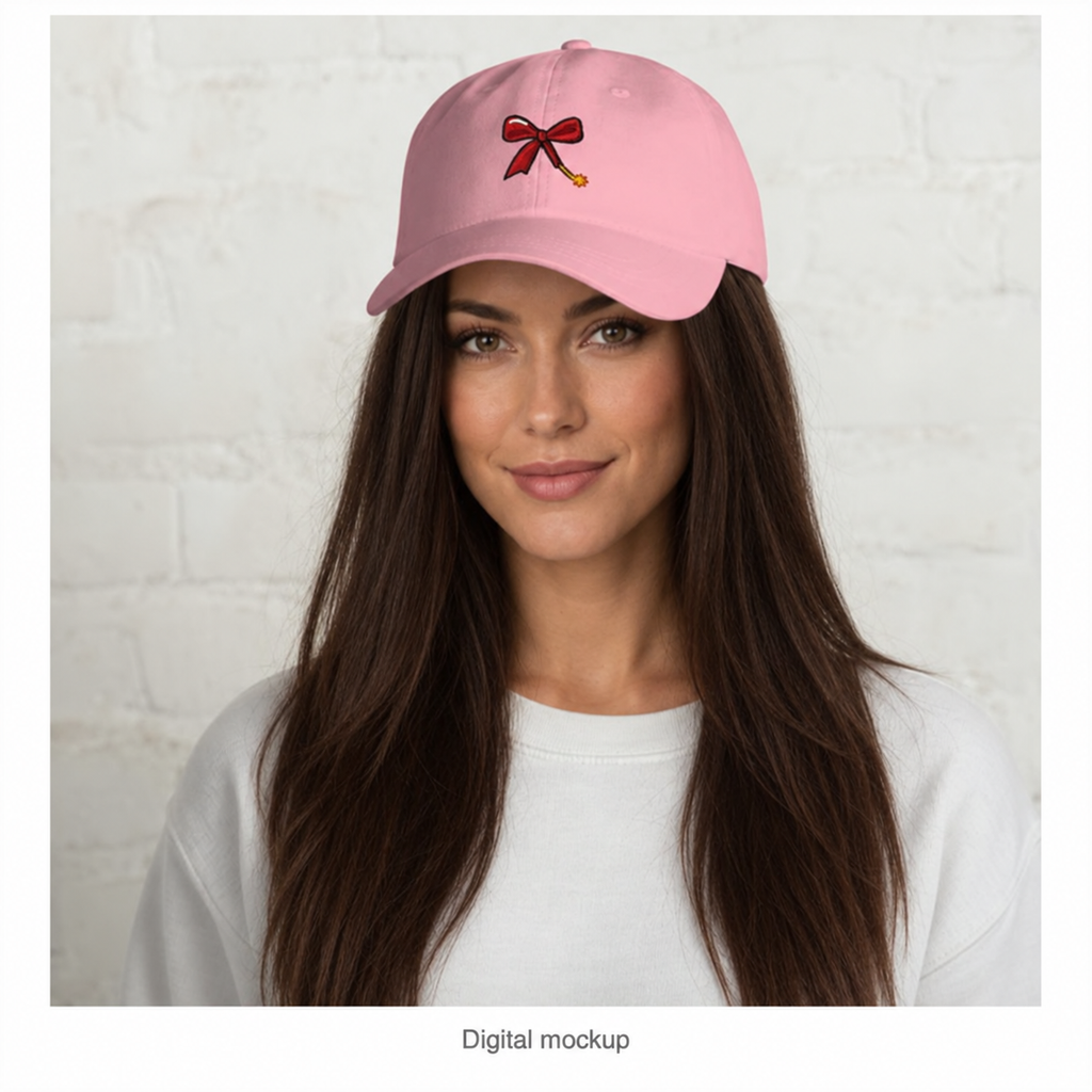 Slop Cannon Short Fuse Dad Cap — Pink — adult woman CW-F07 wearing the exact configured cap in a model-worn front view; digital catalogue composite; cap only; outfit excluded.