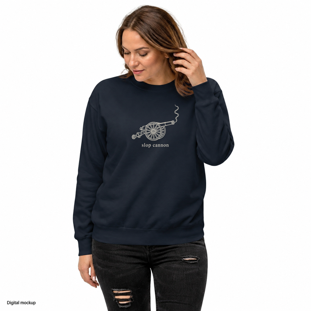 Smoke Signal crewneck — Navy Blazer — adult male model front view, hand near ear; exact configured artwork and Cotton Heritage M2480 crewneck fit; digital mockup, not a manufactured sample; styling trousers excluded.