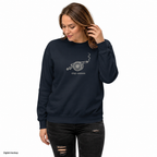 Smoke Signal crewneck — Navy Blazer — adult male model front view, hand near ear; exact configured artwork and Cotton Heritage M2480 crewneck fit; digital mockup, not a manufactured sample; styling trousers excluded.