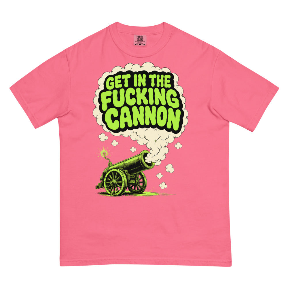 Smoke Signal tee — Crunchberry — full front with approved maximum-size artwork; Comfort Colors 1717 garment-dyed heavyweight tee; actual configured Crunchberry; tee only. Supplier digital mockup.