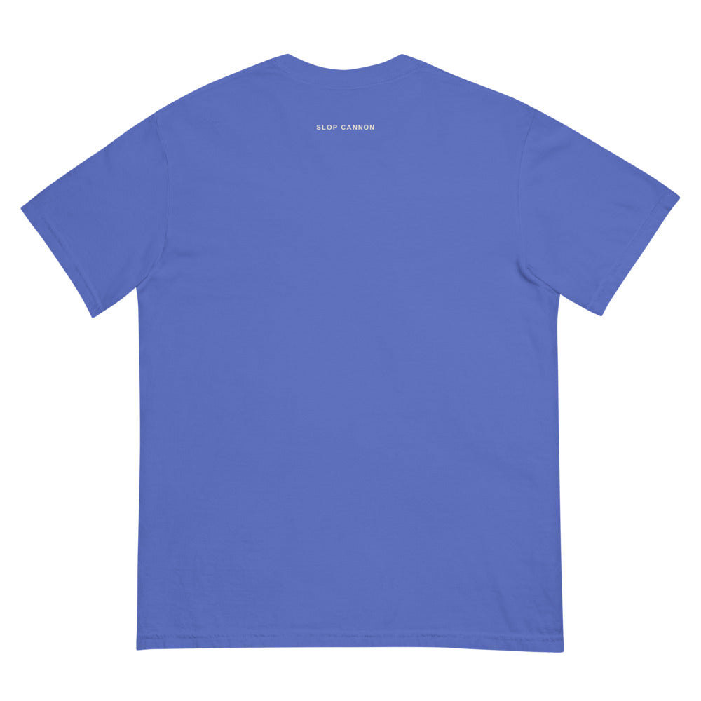 Smoke Signal tee — Flo Blue — full back with cream outside-neckline wordmark; remaining back and sleeves plain; Comfort Colors 1717 garment-dyed heavyweight tee; actual configured Flo Blue; tee only. Supplier digital mockup.