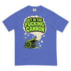 Smoke Signal tee — Flo Blue — full front with approved maximum-size artwork; Comfort Colors 1717 garment-dyed heavyweight tee; actual configured Flo Blue; tee only. Supplier digital mockup.