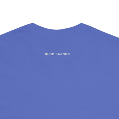 Smoke Signal tee — Flo Blue — outside-neckline wordmark detail cropped from actual supplier digital mockup; Comfort Colors 1717 garment-dyed heavyweight tee; actual configured Flo Blue; tee only. Digital crop shows placement, not a manufactured sample photograph.