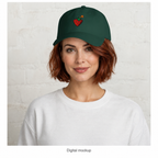 Slop Cannon Sweet Trouble Dad Cap — Spruce — adult woman CW-F23 wearing the exact configured cap in a model-worn front view; digital catalogue composite; cap only; outfit excluded.