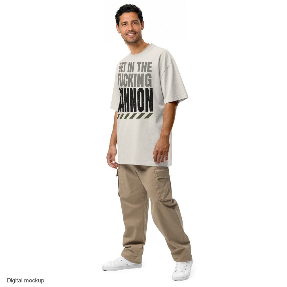 Tall Condensed tee — Cream — adult model three-quarter view with exact configured artwork; tee only, styling trousers and shoes excluded; AS Colour 5082; digital model composite, not a manufactured sample.