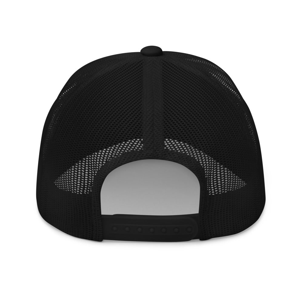 Slop Cannon Heavy Block Trucker Hat — Black / Black / White — undecorated mesh back; supplier digital mockup