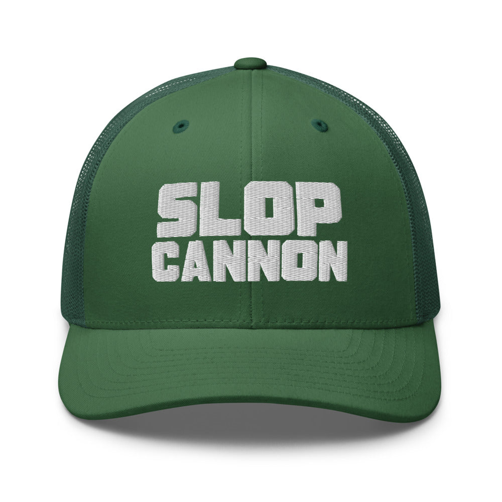 Slop Cannon Heavy Block Trucker Hat — Evergreen / Evergreen / White — front; supplier digital mockup