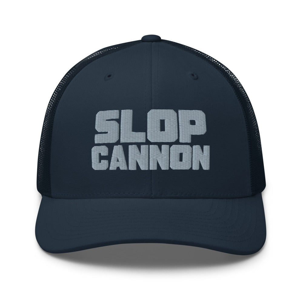 Slop Cannon Heavy Block Trucker Hat — Navy / Navy / Grey — front; supplier digital mockup