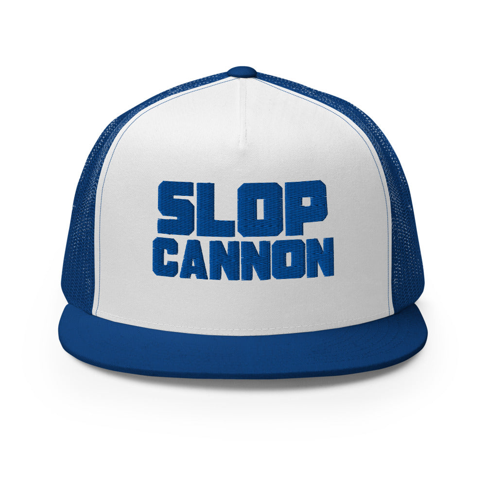Slop Cannon Heavy Block Trucker Hat — White / Royal / Royal — front; supplier digital mockup