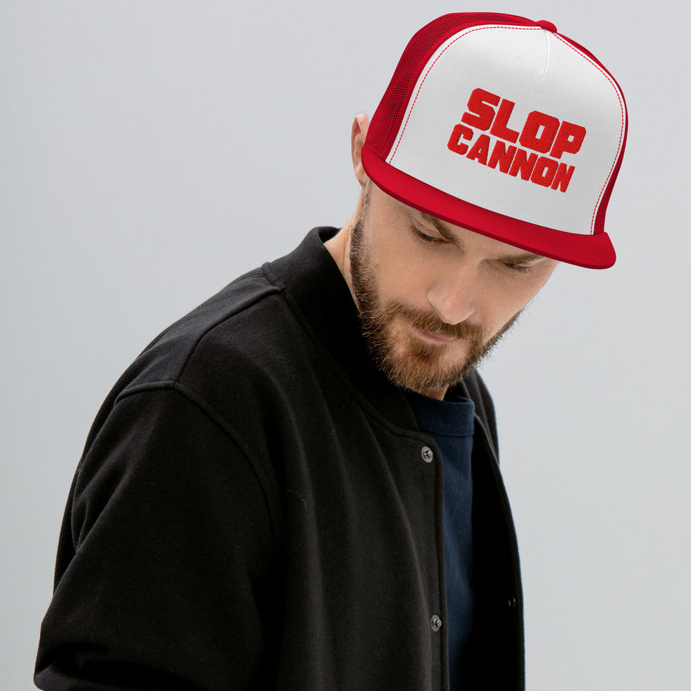 Slop Cannon Heavy Block Trucker Hat — White / Red / Red — adult model wearing the hat; supplier digital mockup; hat only, outfit shown for styling