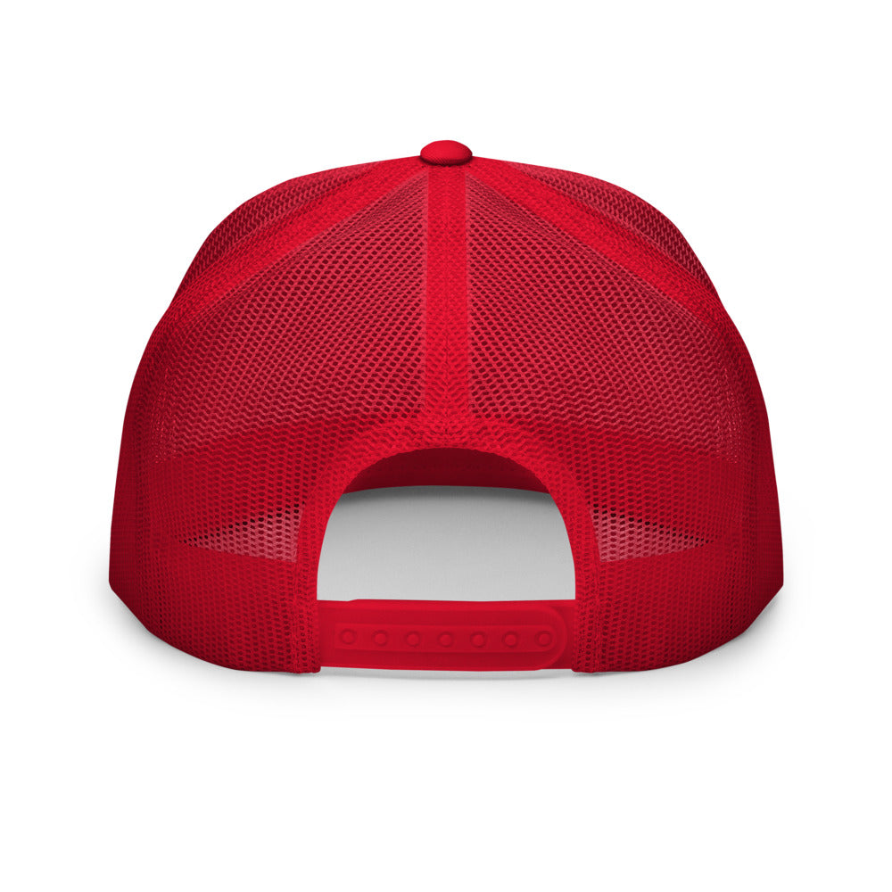 Slop Cannon Heavy Block Trucker Hat — White / Red / Red — undecorated mesh back; supplier digital mockup