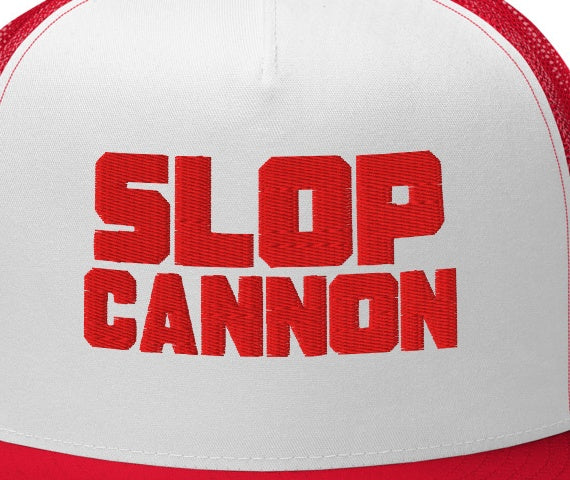 Slop Cannon Heavy Block Trucker Hat — White / Red / Red — embroidery placement detail; crop of supplier digital mockup, not stitched-sample evidence