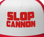 Slop Cannon Heavy Block Trucker Hat — White / Red / Red — embroidery placement detail; crop of supplier digital mockup, not stitched-sample evidence
