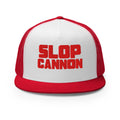 Slop Cannon Heavy Block Trucker Hat — White / Red / Red — front; supplier digital mockup