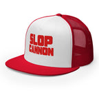 Slop Cannon Heavy Block Trucker Hat — White / Red / Red — three-quarter front; supplier digital mockup